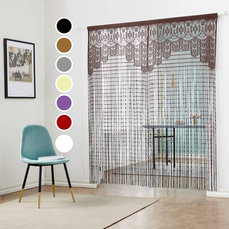 HSYLYM Lace Door Srting Curtain Warm Sheer Curtains Flat Tassel Ribbon Curtain Window Panel Room Divider Wall Decorations,Brown,90x200cm(35" Width x 79" Length) - Image 2
